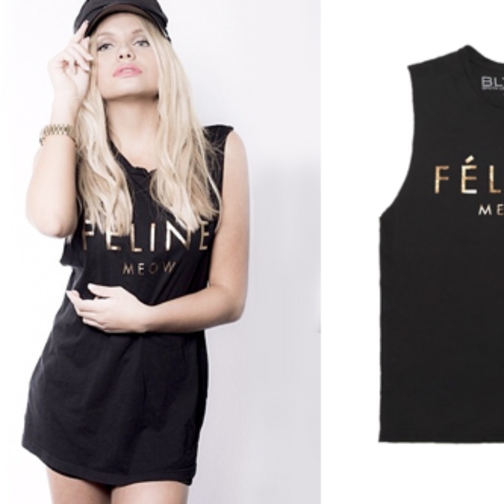 BLTEE BRIAN LICHTENBERG Black FELINE MEOW Cotton Muscle Tank XS